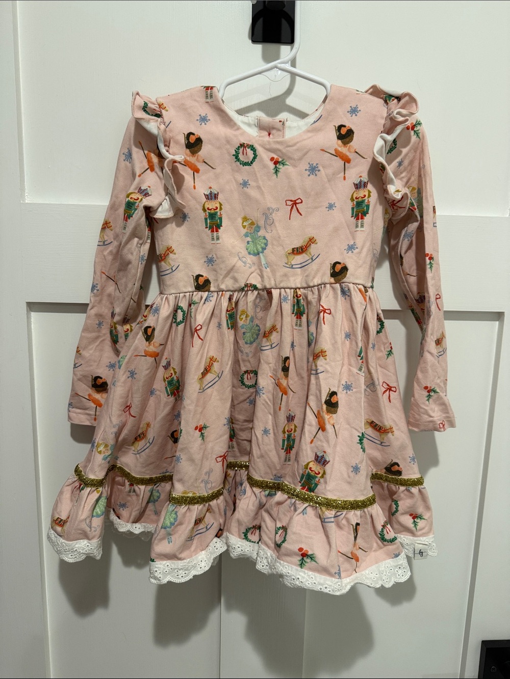 Girls' Pink Nutcracker Print Ruffle-Trim Holiday Dress